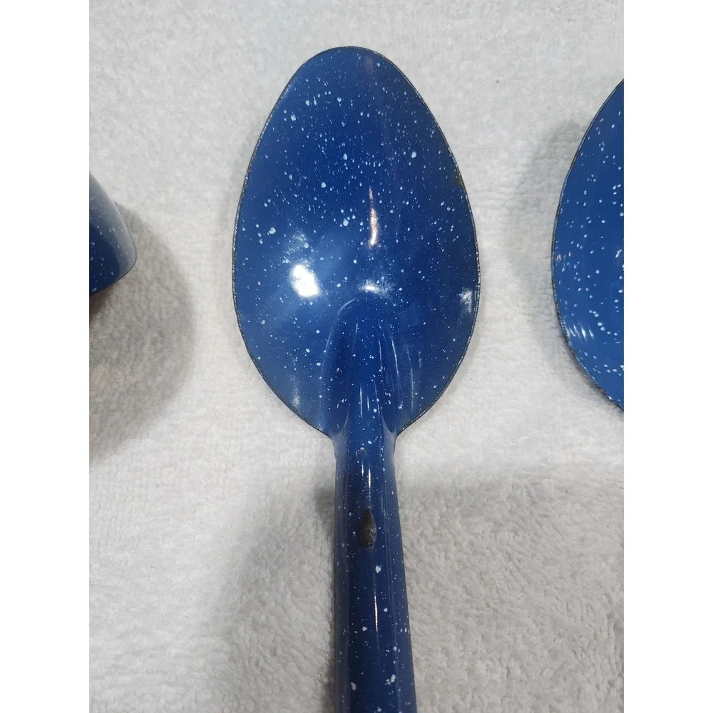 Vintage~Enamel lot~chuckwagon~blue metal splatterware~Skimmer~ Ladle~2 Spoons